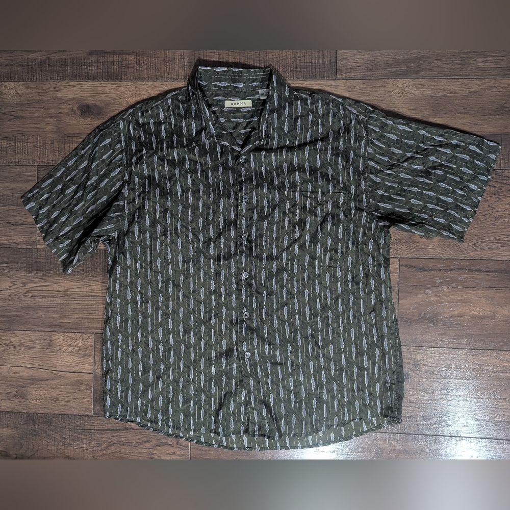 Summa Silk & Nylon Blend Green w/ Feather Print Button Down Shirt Sz XL Vacation